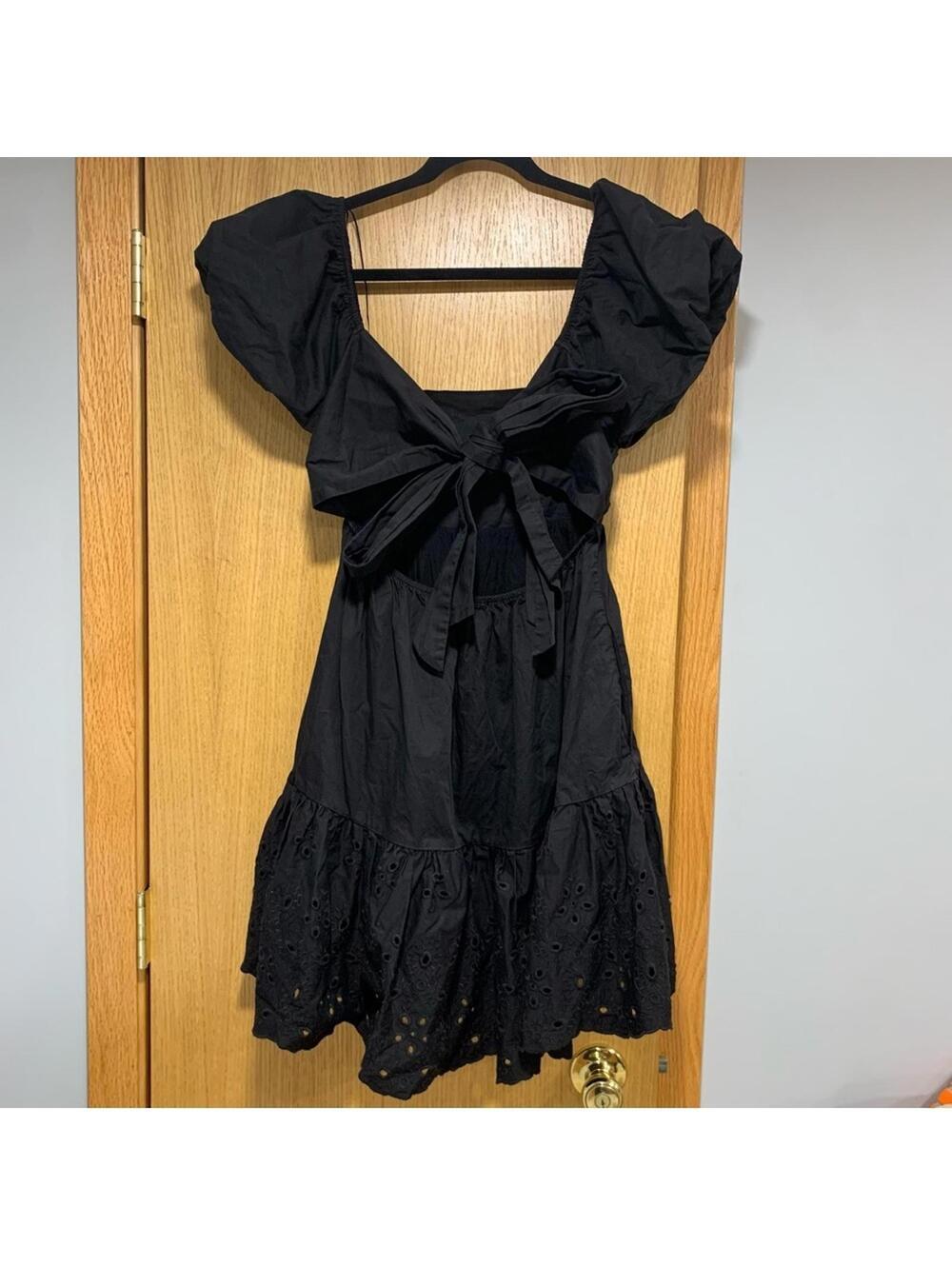 En Saison Juliet Poplin Black Cotton Puff Sleeve Mini Babydoll Dress - Size XS - Picture 3 of 5